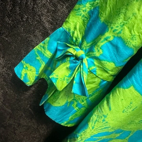 Vintage 1960s Rolled Collar Silk Cocktail Dress Blue and Green - Picture 7 of 7